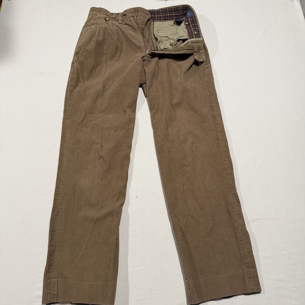 Vintage Faconnable Mens Corduroy Pants 32 Tan Brown Pleated Plaid Lined Trousers
